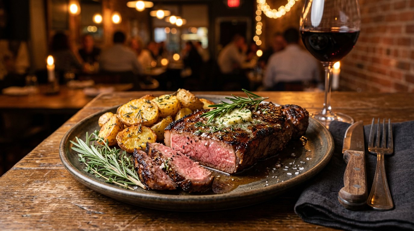 Professional food photography of a juicy steak with roasted potatoes and herbs, high resolution, warm lighting, restaurant atmosphere