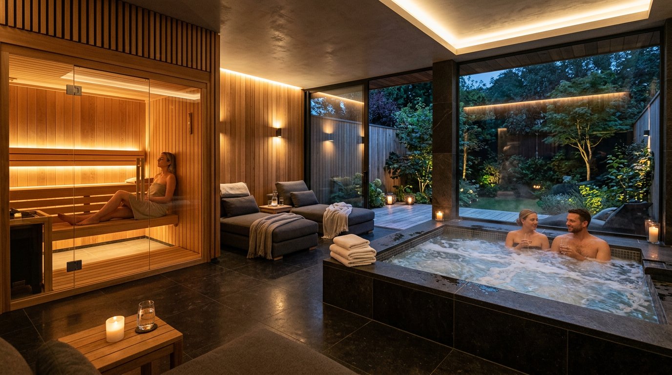 Luxurious private wellness with sauna, hot tub, calm atmosphere, warm lighting, modern design, high quality photography